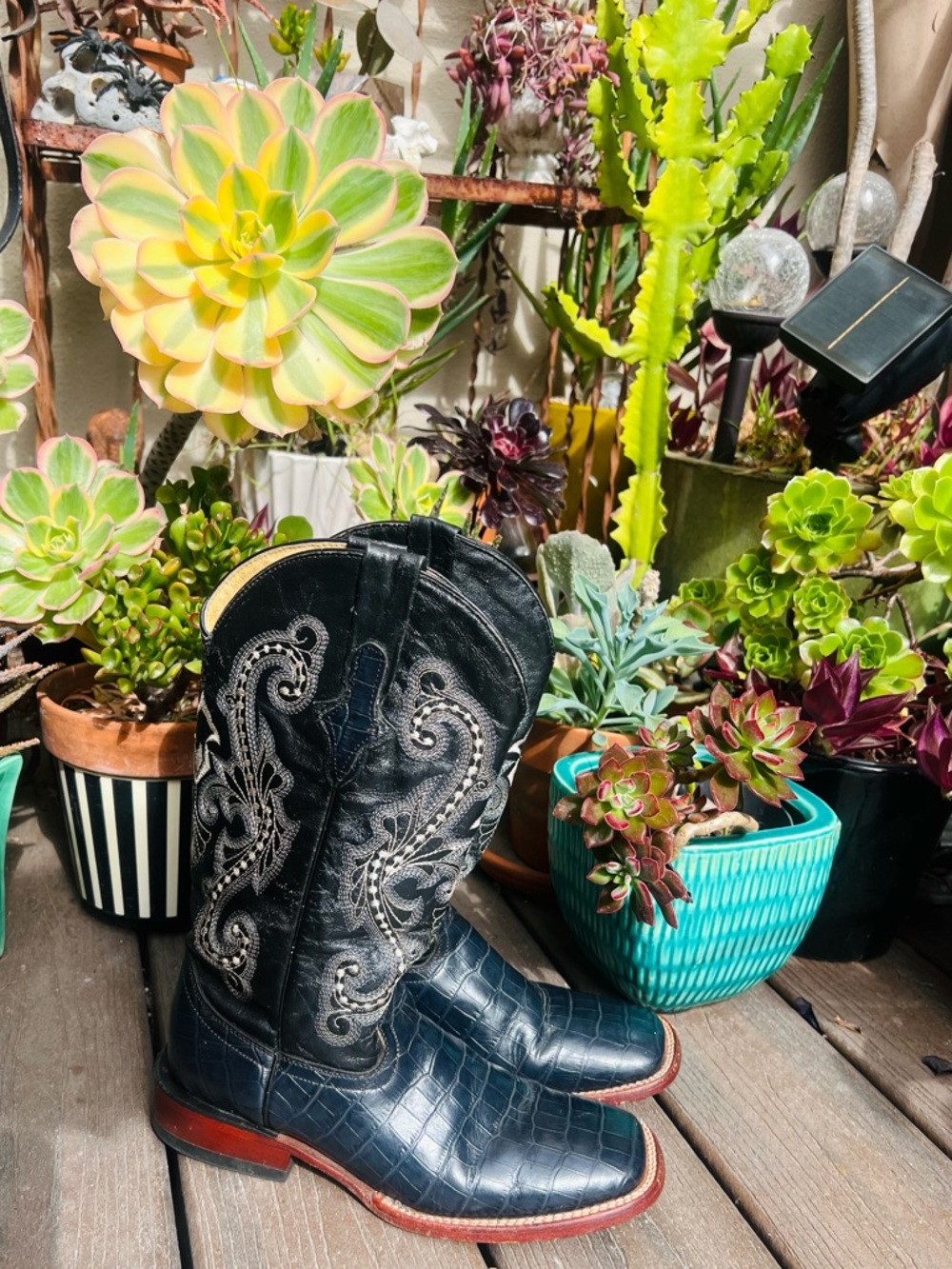 Beautiful FERRINI Navy blue Exotic Leather Western Boots with Embroidery design